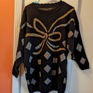 Vintage Black Ugly Sweater Gold Silver Bow Oversize Metallic 🎀